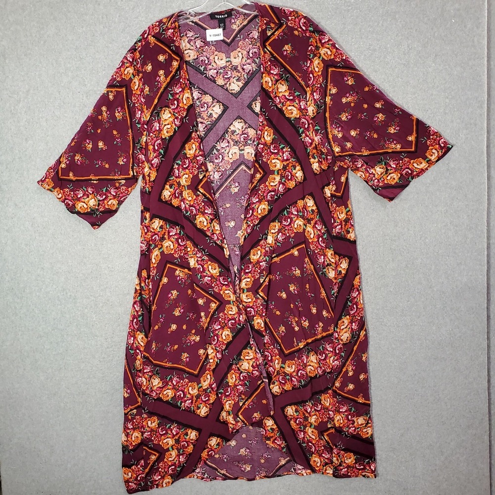 TORRID Women Top 1/2 Purple Floral Paisley Georgette Kimono Open Front Flowers